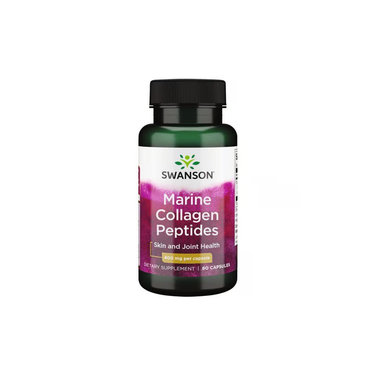 A green bottle of Swanson Marine Collagen Peptides for skin elasticity and joint health contains 60 capsules, each with 400 mg of marine collagen.